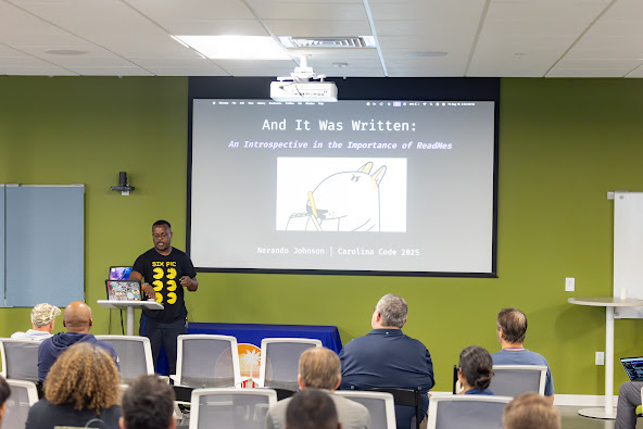 Nerando Johnson speaking at the 2025 Carolina Code Conference